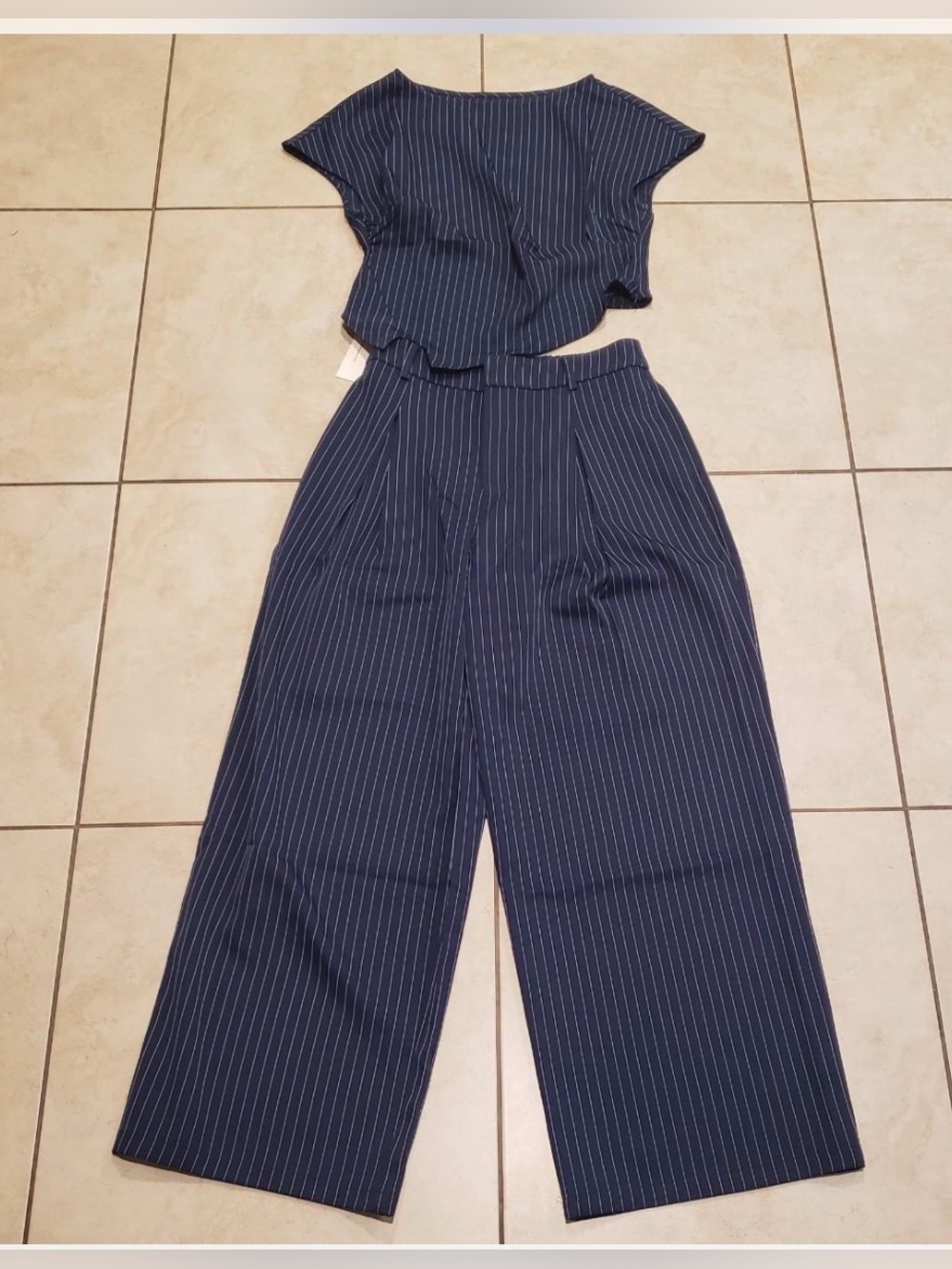 Commense Asymmetric Pinstripe Top &  Pleated Pants Set